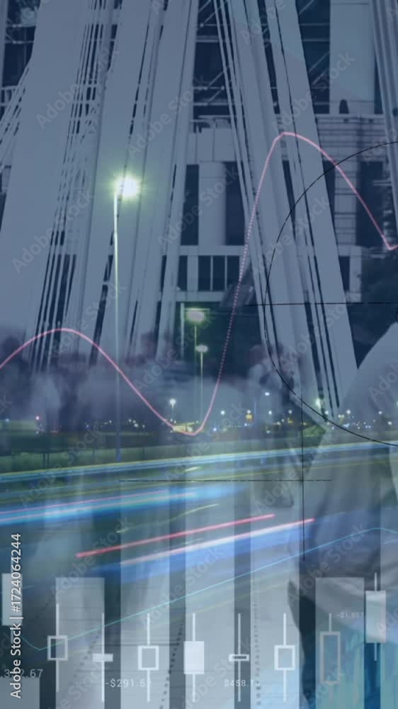 Poster animation of data processing over cityscape