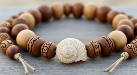 Handmade wooden beaded bracelet with intricate designs and a seashell charm