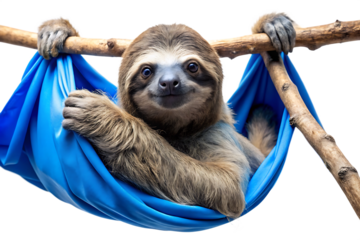 Adorable Three- Toed Sloth Hanging in a Blue Hammock on a Transparent Background three-toed sloth animal cutout PNG isolated on a transparent background