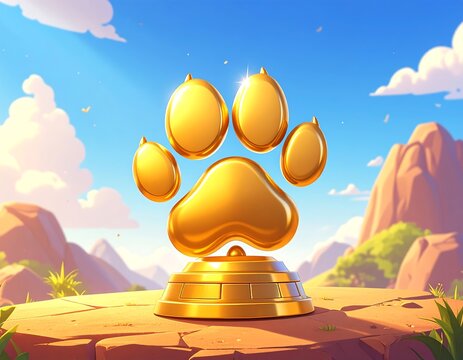 Golden paw print trophy on a desert landscape