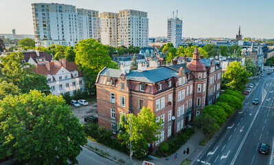 Gdansk, Wrzeszcz. Jaskowa Dolina in the evening. Beautiful view of the green valley and tenement houses.