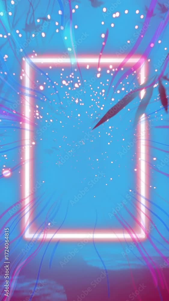 Wall mural animation of neon frame over falling light spots over trees