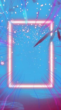 Animation of neon frame over falling light spots over trees