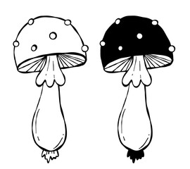 Magic Mushroom Doodles Set. Isolated Textured Hand Drawings on White Background. Outline Vector Sketch for design. Not AI