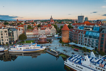 A view of the Fish Market in Gdańsk. A summer morning, seen from a drone.
