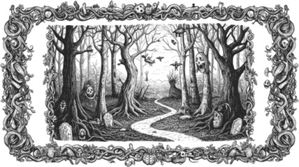 Obraz premium Hand drawn enchanted forest. Vector halloween black and white frame. High quality 