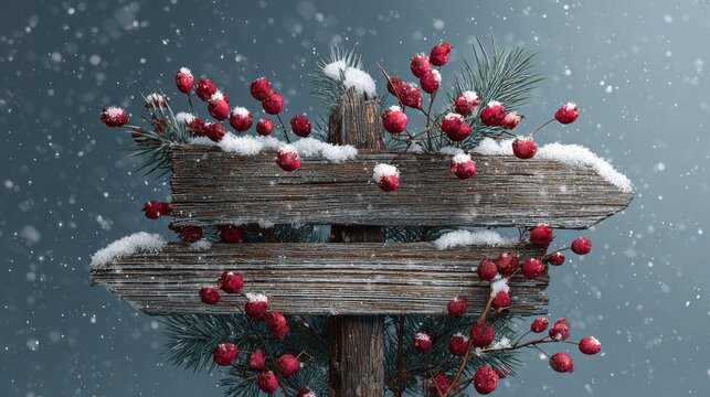 festive wooden signpost adorned with snow covered pine branches and red berries christmas