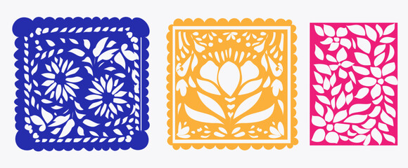 Mexican papel picado frame border set of frames  with flowers and leaves, arch design with flowers for dia de muertos celebrations.