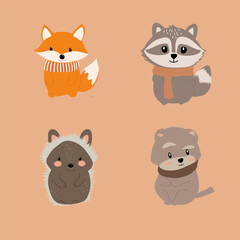 Kawaii cozy fall animals fox, hedgehog, raccoon in scarves  chibi style vector set for planners or kids products, flat vector