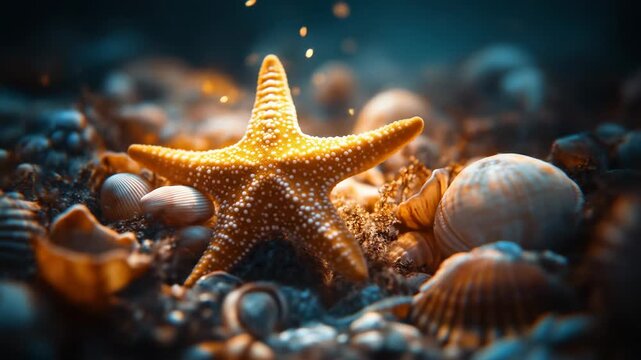 Golden starfish amidst a collection of seashells
