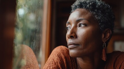 mature african woman looking outside window with uncertainty thoughtful mid adult woman looking away through the window while thinking about her future business after pandemic doubtful lady at home n