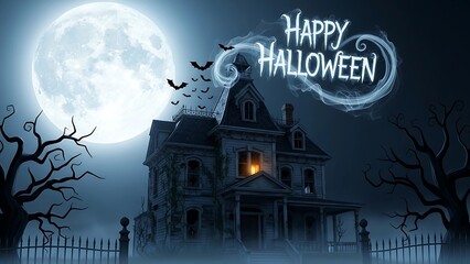 Happy Halloween text over a haunted house, full moon, and bats in a foggy, eerie night.