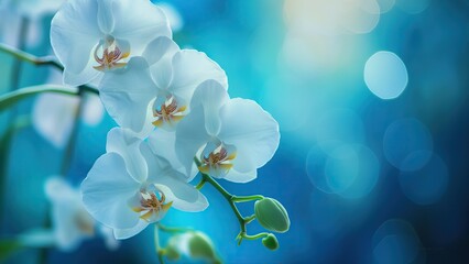 white orchid on blue background