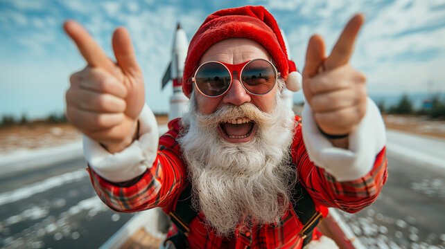 Energetic Santa Claus in a bright image and with a white beard happily poses for the camera, creating a festive atmosphere