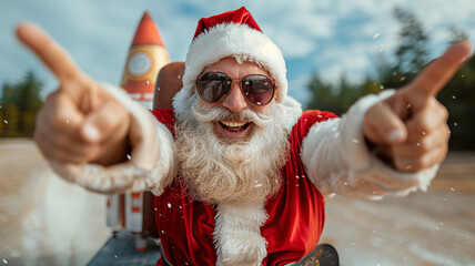 Smiling Santa Claus in a modern style with glasses and a white beard shows a cheerful gesture and a festive mood