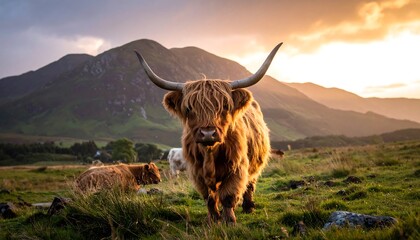 Highland cow in a meadow at sunset