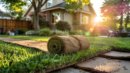 Fresh sod rolls delivered for lush green lawn installation sunset