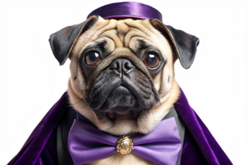 Pug dog wearing a purple top hat and cape with a bow tie and ornate brooch animal cutout PNG isolated on a transparent background