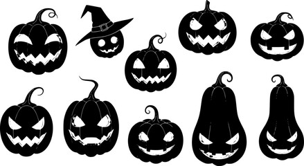 Obraz premium set of halloween pumpkins halloween pumpkin icons Icon illustration of a set of halloween pumpkin silhouettes of plants black and white vector illustration 