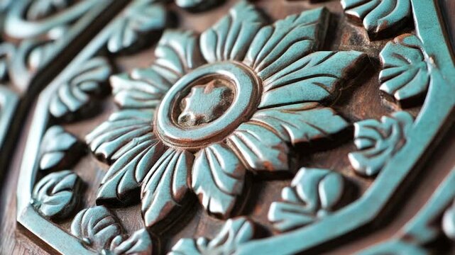 Close-up shot of a wooden door featuring intricate floral patterns