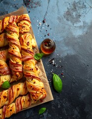 Baked bread sticks with bacon and herbs