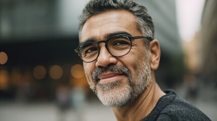 Fototapeta premium portrait of happy mature man wearing spectacles and looking at camera outdoor man with beard and glasses feeling confident close up face of hispanic business man smiling no logos no brands ar 169