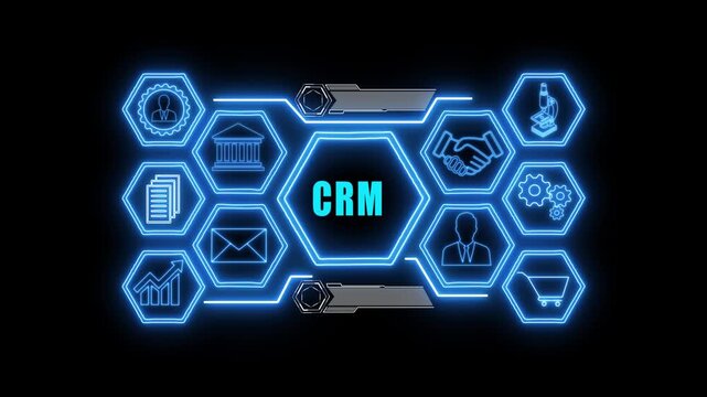 Abstract neon Hud knowledge ability business gear icon Glowing neon line concept. Glowing CRM button in German on a futuristic, abstract wave technology on black background.