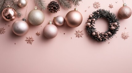 topdown arrangement of festive decorations on a soft pastel pink backdrop highlights elegant metallic ornaments and a charming wreath for the holidays