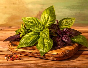 Fresh basil leaves, green and purple, on a rustic wooden board