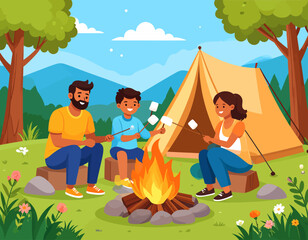 A happy family, including a father, mother, and child, enjoying a summer camping trip, roasting marshmallows over a warm bonfire in a beautiful natural landscape.