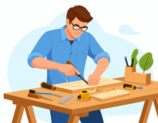A focused young man wearing glasses carefully chiseling intricate details into a piece of wood on his workbench, surrounded by various woodworking tools.