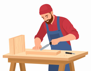 A male artisan with an apron carving patterns into a wooden board on a rustic table, using various tools for woodworking and craftsmanship.