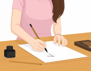 Close-up illustration of a young woman practicing calligraphy, holding a brush pen to create precise strokes with ink on white paper in a minimal desk setting.