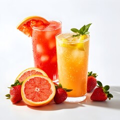 Photo of refreshing fruit juices in tall glasses with fresh grapefruit, strawberries, and citrus slices