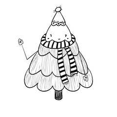 Cute Christmas tree character in a hat and striped scarf — black and white doodle illustration