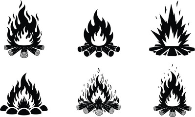 Campfire flame icons, bonfire firewood illustration, burning wood logs, camping fire symbol, outdoor survival fire, vector silhouette flames
