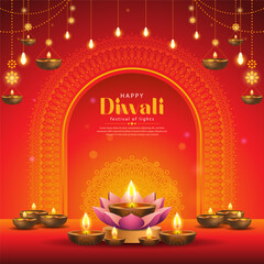 beautiful illustration of happy diwali background with lights and mandala decoration