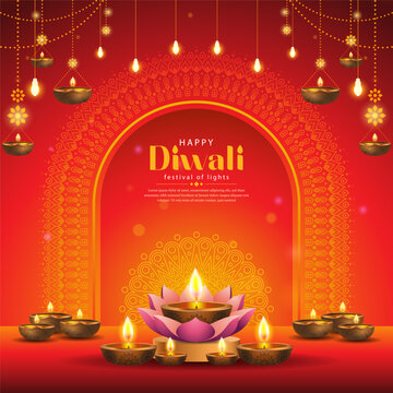 beautiful illustration of happy diwali background with lights and mandala decoration