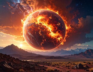 Burning planet over desolate landscape