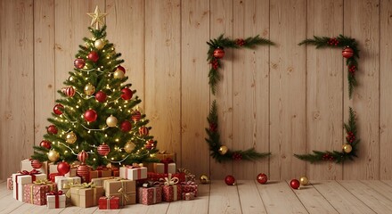 Festive Christmas scene with decorated tree and gift boxes on wood backdrop