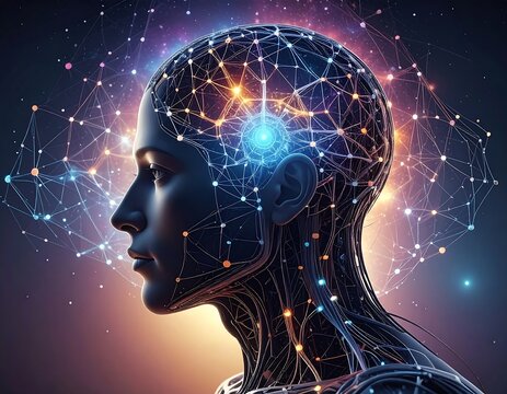 A futuristic human head with interconnected network