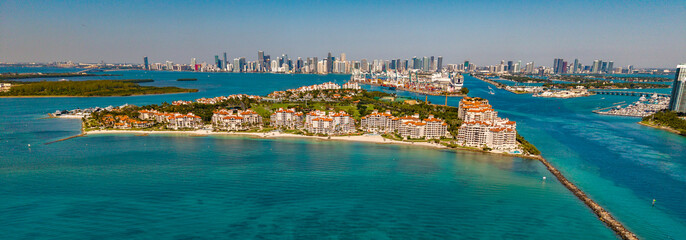 Iconic Miami coastline. Cloudy sky over Miami famous skyline.