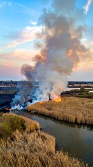 Burning reeds by river at dusk