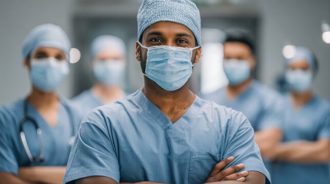 confident multiethnic male nurse in front of his medical team looking at camera wearing face mask during covid19 outbreak happy and proud indian young surgeon standing in front of his colleagues no l