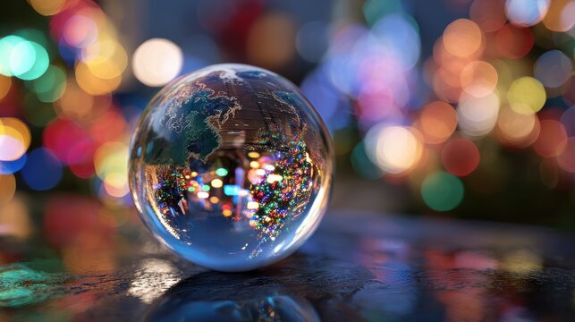 clear globe against a festive holiday backdrop with abstract and colorful lighting