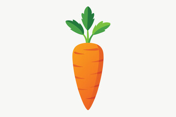 Single vibrant carrot stands tall with fresh green leafy tops against plain background