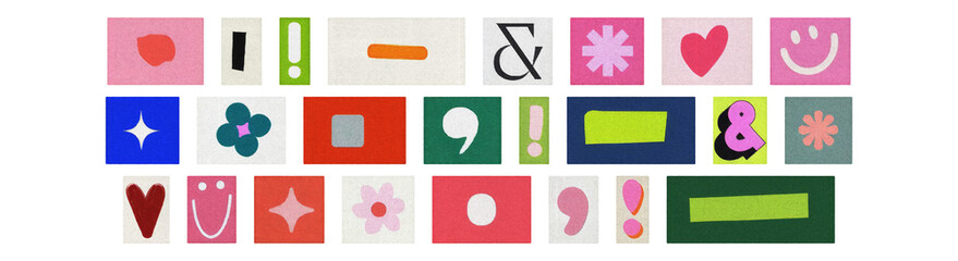 Bright punctuation symbols collage, magazine cutouts on transparent PNG
