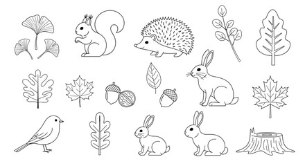 Collection of forest animals and autumn leaves for crafts.