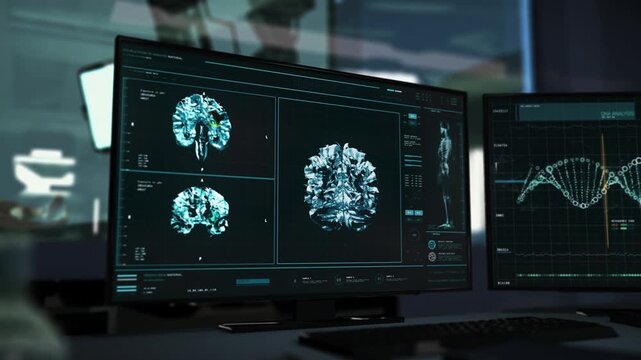 Scanning Tumor Illness In High Tech Medical X-ray Equipment Interface. X-ray Screening Device Interface Analyzing Brain Illness. X-ray Interface Examining Brain Tumor Illness For Treatment At Hospital