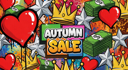Grab amazing deals this autumn with vibrant sale graphics featuring hearts, crowns, and stacks of cash for your next promotion